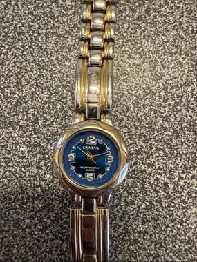 Geneva Two-Tone Silver and Gold Bracelet Watch with Blue Dial
